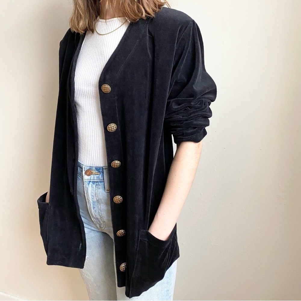 Vintage Black Velour Cardigan gold buttons small retro 80s